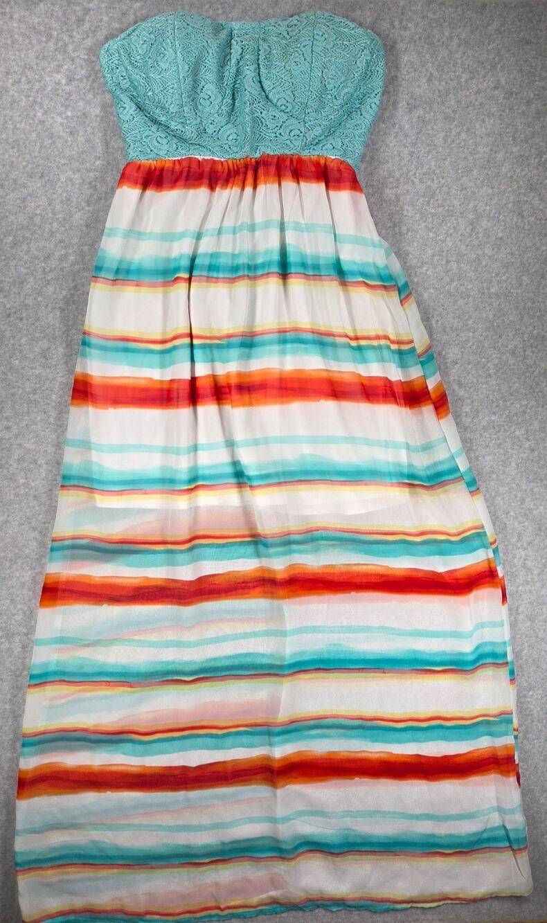 No Boundaries Strapless Maxi Dress S 3-5 Teal Lace Top Striped Boho EUC